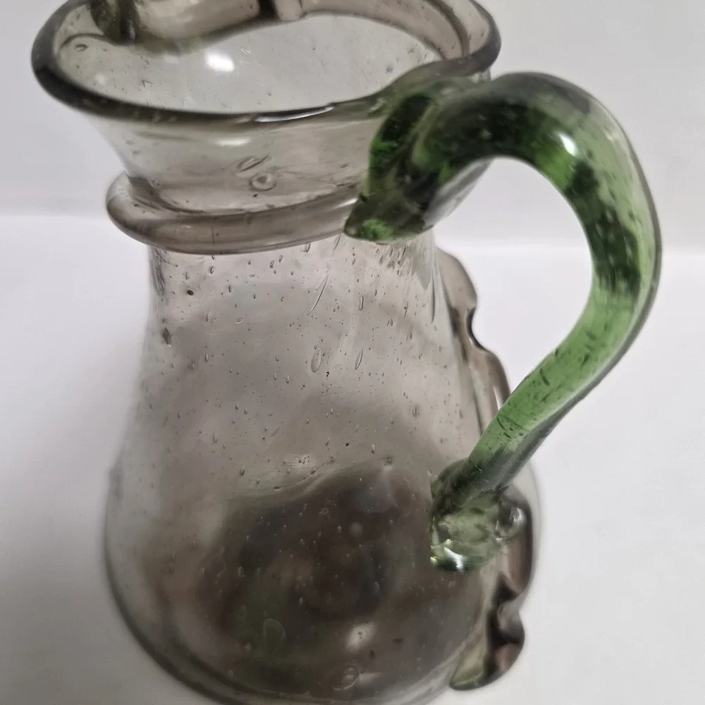Hand Blown Art Glass Mini Pitcher Smoky Gray Seed Glass Applied Green Handle 6